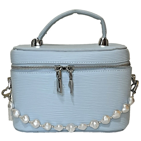Bloomingdale's Handbags - NWOT Bloomingdale's Blue Faux Leather Crossbody Bag Vanity Case Charm Flawed Gem